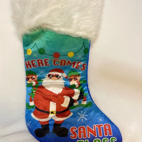 Christmas Stocking Here Comes Santa Floss Holiday Time 20"  Blue Padded New - Picture 1 of 5